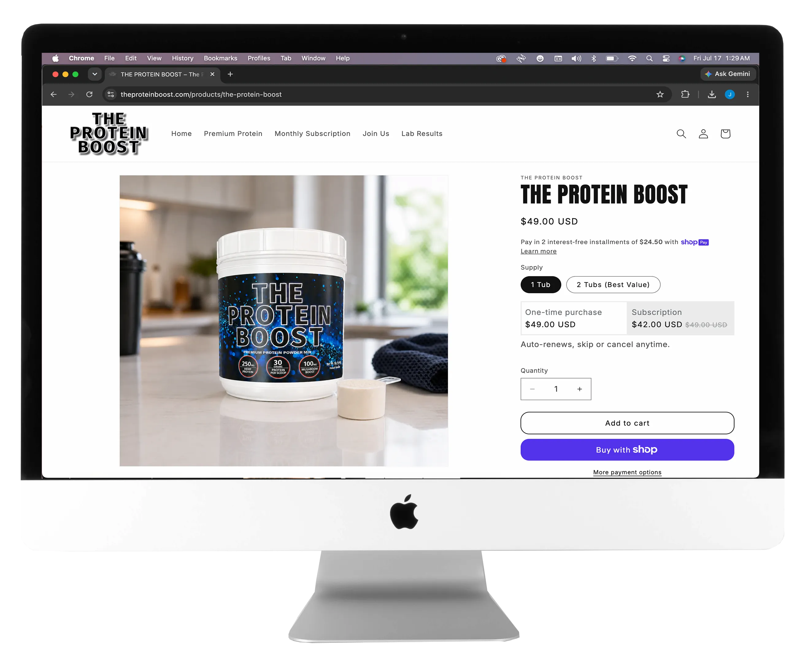 The Protein Boost Shopify ecommerce website displayed on a desktop computer